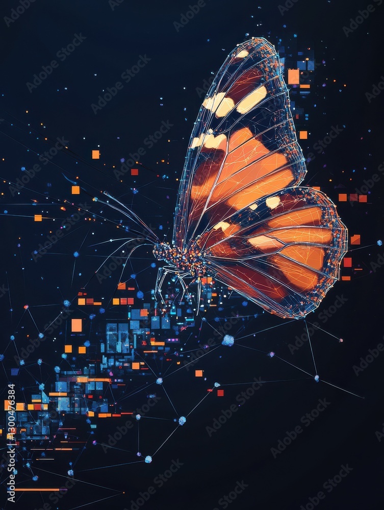 Poster a cutting-edge vector illustration depicting an abstract butterfly in flight over a network of linke