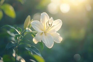 Obraz premium Close-up of white lily flower blooming in garden, with blurred background of greenery and sunlight filtering through leaves. Focus on the delicate petals and stamens inside center frame