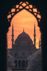 Fototapeta premium Majestic Mosque Sunset Silhouette Framed by Arch