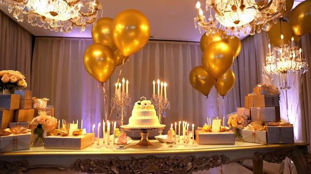Luxurious birthday party setup with golden balloons, crystal chandeliers, and a grand table filled with a gourmet cake, candles, and premium gift boxes