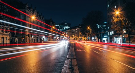 City Street at Night with Light Trails From Cars Passing by
