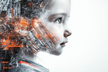 Portrait of a Young Girl Merging with Digital Elements, Symbolizing the Intersection of Childhood and Technology in a Futuristic Setting