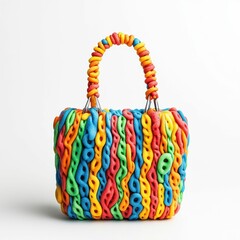 Stylish Handbag Woven from Colorful Fruit Loops Isolated on White
