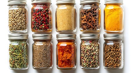 Well Organized Spice Rack with Labeled Glass Jars on Wooden Backdrop