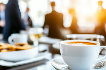 During a dynamic business seminar, professionals connect and share ideas over steaming cups of coffee