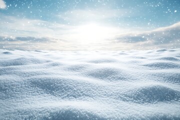 Vast winter landscape with pristine snowdrifts under a bright, ethereal sky, showcasing soft falling snow and a radiant sun glow over a tranquil, frosty expanse