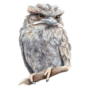 A watercolor painting presents a tawny frogmouth bird perched on a branch, with detailed feathering.