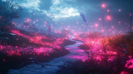 Fototapeta premium A futuristic digital landscape with glowing lights and a vibrant pathway set against a twilight sky, blending nature and technology.