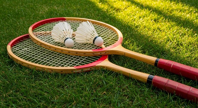 Vintage Badminton Rackets and Shuttlecocks on Green Grass, Sport and Recreation