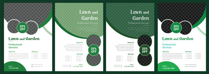 Lawn and gardening service flyer design template. Tree and gardening service poster leaflet design. lawnmower flyer template wedding invitation set with trees and garden landscape watercolor Lawn