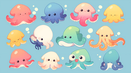 Colorful cartoon octopuses and jellyfish swimming playfully in a whimsical underwater scene