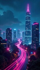 Futuristic urban landscape with skyscrapers and neon lights at night, urbanism, sustainability