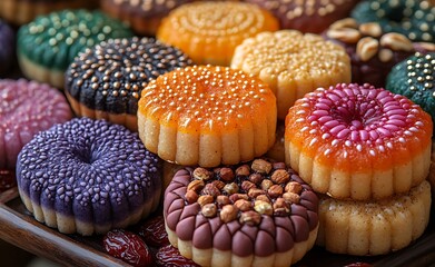 Assorted Intricately Decorated Mooncakes in Various Shapes and Flavors on a Tray