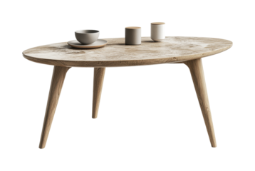 Oval wooden coffee table with decorative cups and bowls in a cozy living room setting designed for modern home decor, cut out