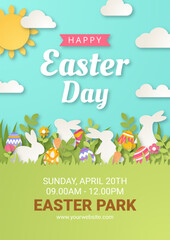 Happy Easter background with paper cut bunny, flowers and eggs. Vector illustration.