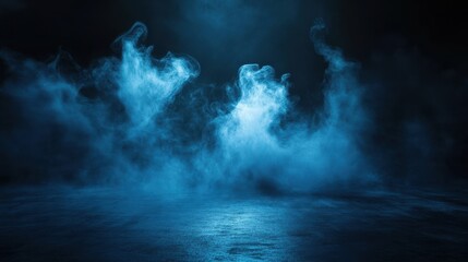 Fototapeta premium white smoke on dark black background , ark blue room background with smoke and floor, Dark empty scene, blue neon searchlight light, smoke, night view, rays.