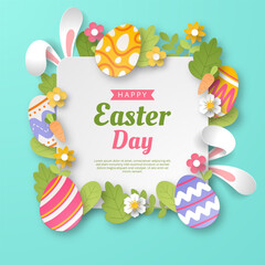 Happy Easter background with paper cut bunny, flowers and eggs. Vector illustration.