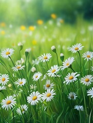 Fototapeta premium Chamomile field. Green grass, flowers and herbs border. Natural park or meadow isolated on background. Blossom lawn banner