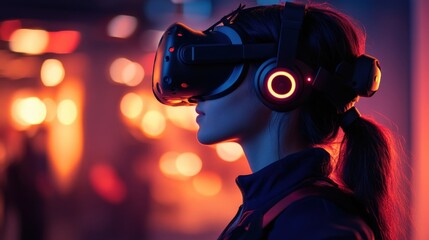Young woman wearing a vr headset immerses herself in the vibrant metaverse, enjoying an exciting gaming experience within a colorful, neon lit room filled with innovative technology