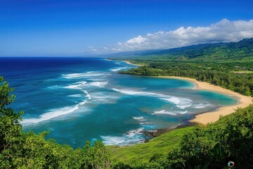 Scenic aerial view of tropical beach coastline with clear turquoise water, sandy shores, and lush green hills under bright blue sky, perfect for travel destinations.