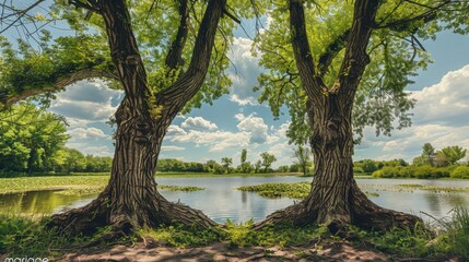 Fototapeta premium Serene Landscape with Majestic Trees Framing a Tranquil Lake Surrounded by Lush Greenery and Bright Blue Sky