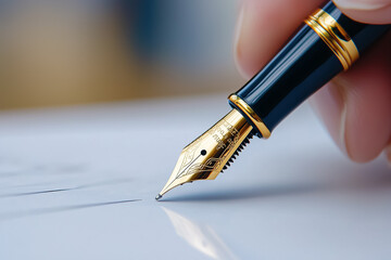 A close-up of a hand holding a fountain pen, its intricate design highlighted as it hovers over a crisp piece of paper, ready to finalize an important agreement in soft natural light