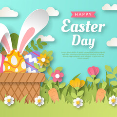 Happy Easter background with paper cut bunny, flowers and eggs. Vector illustration.