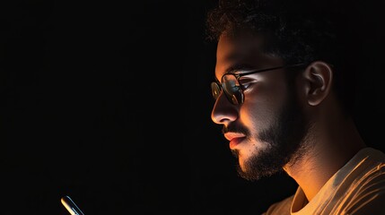 Young man using smartphone while sitting in dark room with soft light illuminating his face and glasses