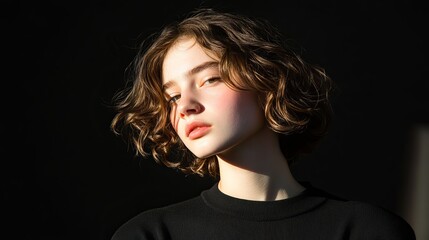 Young woman with curly hair in dramatic lighting showcasing natural beauty and modern fashion style