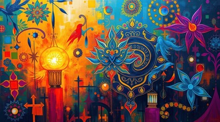 Obraz premium Colorful Abstract Art Painting with Flowers, Birds, and Decorative Elements