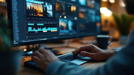 Filmmaker editing a video project at night, focused on the screen and using editing software, with a cup of coffee beside the laptop in a dimly lit office environment