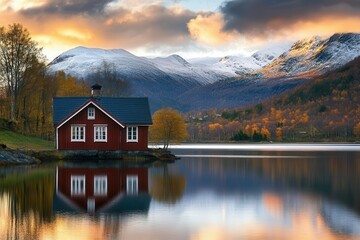 Fototapeta premium Scenic mountain landscape during sunset with red wooden house by a calm lake reflecting autumn colors in nature, tranquil outdoor getaway and relaxation.