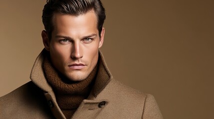 Obraz premium Stylish man in fashionable warm coat with high collar on neutral background showcasing modern winter fashion
