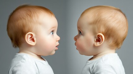 Cute Baby Faces Side by Side with Short Hair and Curious Expressions in Soft Lighting Background