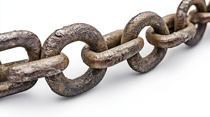 Obraz premium Close-Up Detail of Metal Chain Links Isolated on White Background for Industrial and Construction Themes
