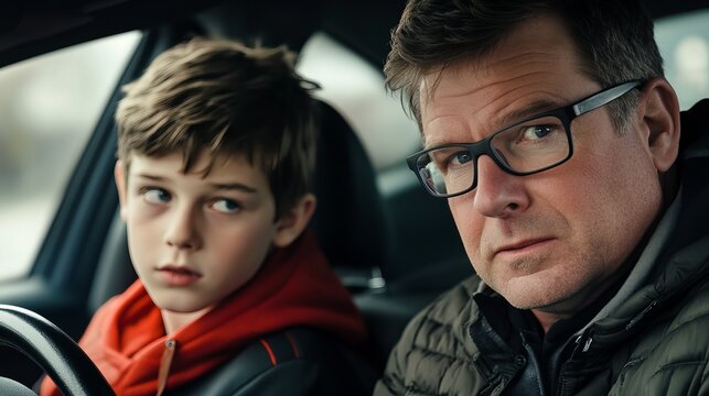 Emotional Conversation Between Father and Son in Car Interior with Focus on Relationship Dynamics
