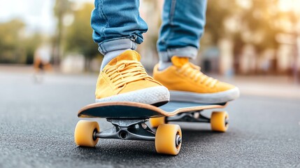 Skater in Yellow Sneakers Performing Tricks on a Skateboard in a Sunny Urban Environment
