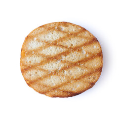 Round slice of grilled or toasted bread isolated on white top view