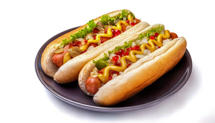 hot dogs with mustard, ketchup and toppings