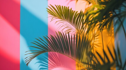 Obraz premium Vibrant Tropical Palm Leaves Against Colorful Striped Background in Bright Sunlight