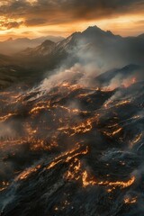 Fototapeta premium Aerial view of wildfire burning across mountainous landscape at sunset with smoke rising, environmental disaster and nature in crisis concept, dramatic sky.