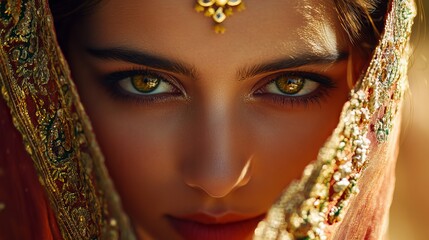 Exquisite Portrait of a Woman in Traditional Attire with Stunning Green Eyes and Intricate Headpiece