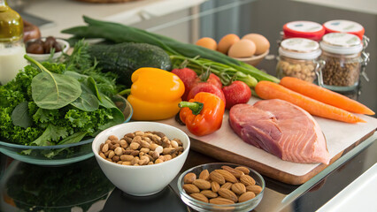 Paleodiet (Stone Age Diet) - meat, fish, eggs, vegetables, fruits, nuts, seeds, herbs, mushrooms, natural oils (olive, coconut, avocado), honey. Great for advertising fitness, restaurants and healthy 