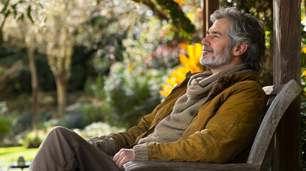 Fototapeta premium Relaxed man enjoying peaceful moments in a serene garden setting with vibrant flowers and soft sunlight