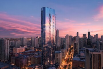 Skyline view of modern skyscraper building in urban city at sunset with reflective glass facade and vibrant colorful clouds overhead in metropolitan area.