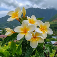 Obraz premium A photo of yellow and white frangipani flowers in full bloom, with green leaves on the background of mountainous terrain and houses