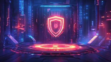 This is a digital art illustration featuring cybersecurity and technology themes with glowing cyber elements and a shield icon at its center.