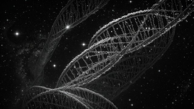detailed black and white illustration of a DNA double helix, showcasing intricate molecular structure with twisting strands and base pairs. The monochrome style highlights the elegance of genetic codi