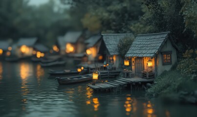 Fototapeta premium Enchanted River Village at Night: Warm Lights and Calm Waters