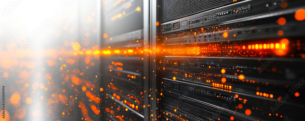 Poster high performance datacenter server rack with dynamic light effects illustrating advanced data proces